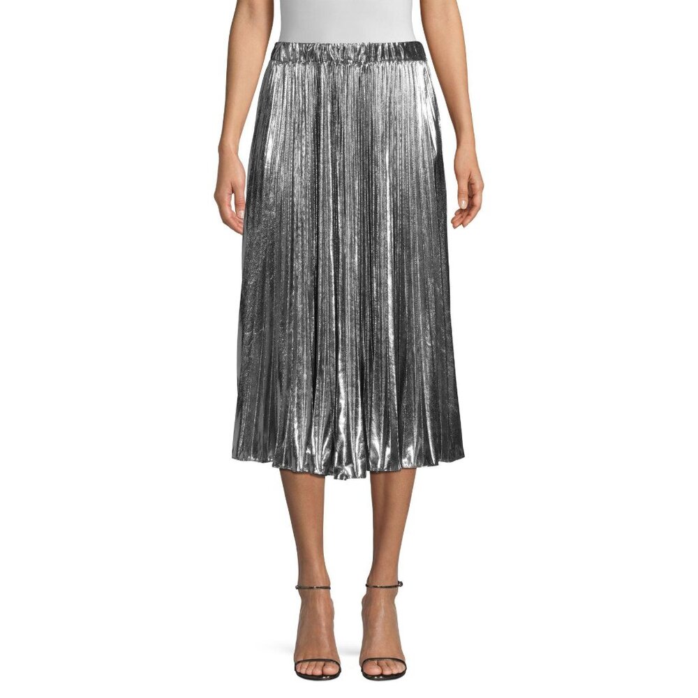 Michael Kors Pleated Silver Metallic Skirt with Elastic Waist S/M